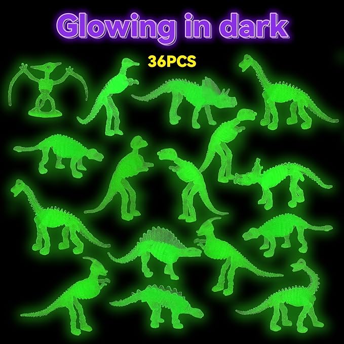 UPINS 36Pcs Glow in Dark Mini Dinosaur Figures, Small Luminous Dinosaur Toy Birthday Party Favors Supplies Dino Cupcake Toppers Plastic Dino Toys for Kids Easter Basket Suffers Classroom Prizes Box