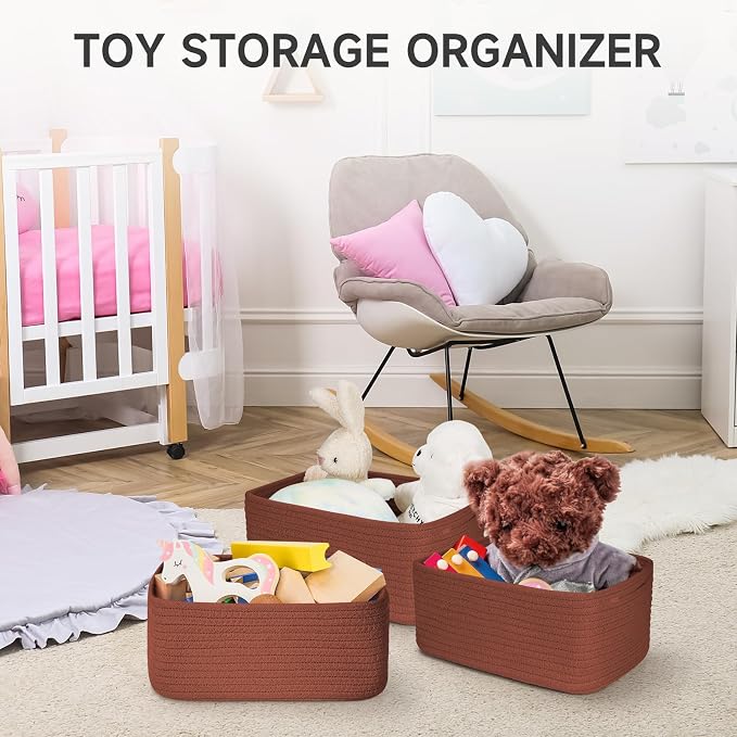 3 Pack Small Storage Baskets for Organizing, 11.8×7.8×5.1", Oxide Red | Woven Baskets for shelves, Cotton Rope Basket for Gifts Empty, Closet Organizer Bins with Handles, Cube Decorative Box