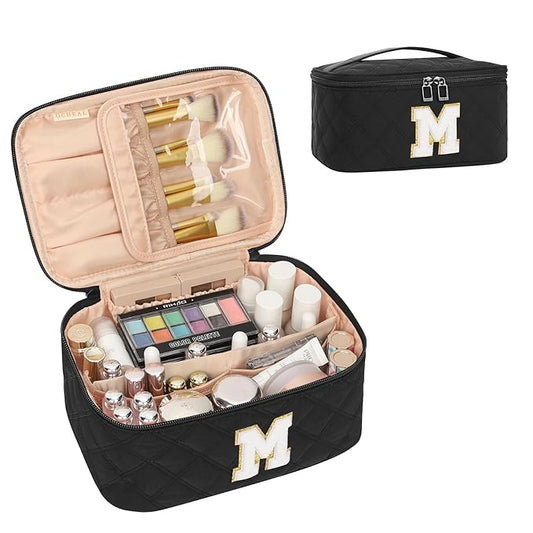 OCHEAL Makeup Bag Valentines Day Gifts for Women, Monogram Cosmetic Bag Black Travel Makeup Case Beauty Toiletry Bag Organizer Personalized Gifts for Girls Bridesmaid, Sister, Wife, Friends Initial M