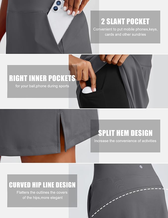 PINSPARK 20" Skorts for Woman Knee Length UPF 50+ Golf Skirts | 4 Pockets, Built-in Shorts, High Waisted, Split Hem, Silky-smooth, Moisture-wicking, for Golf Athletic Tennis Workout Casual