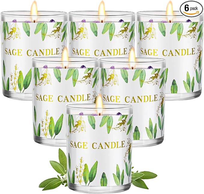 Candles, 6 Pack Sage Candle for Cleansing House Negative Energy, Scented Candles Gifts Set for Women, Crystal Candle Clearance with Crystal Healing Stones, Alternative to Smudge Sticks, Relax & Mind