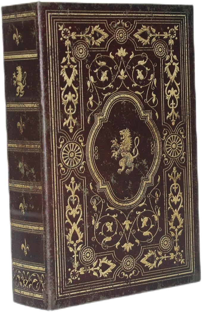 Faux Leather Decorative Book Storage Box with Embossed Lion Crest | Vintage Look Hidden Keepsake Box for Jewelry, Letters & Valuables, Elegant Home Office Shelf Decor (Reddish Brown)