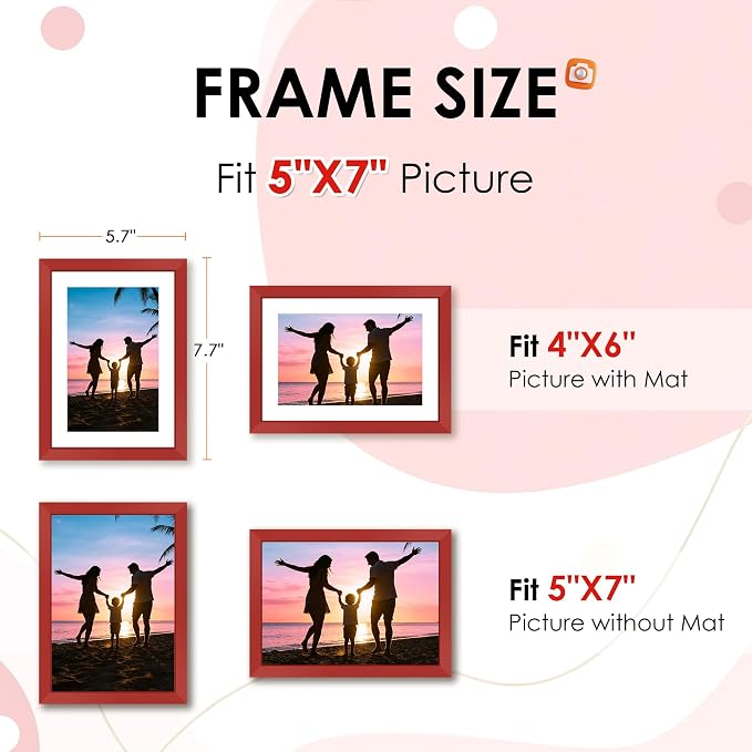 FIXSMITH 5x7 Picture Frame Set of 2, Red Photo Frame with HD Plexiglass, Display Pictures 4x6 with Mat or 5x7 Without Mat Multi Picture Frames Collage for Tabletop or Wall Display