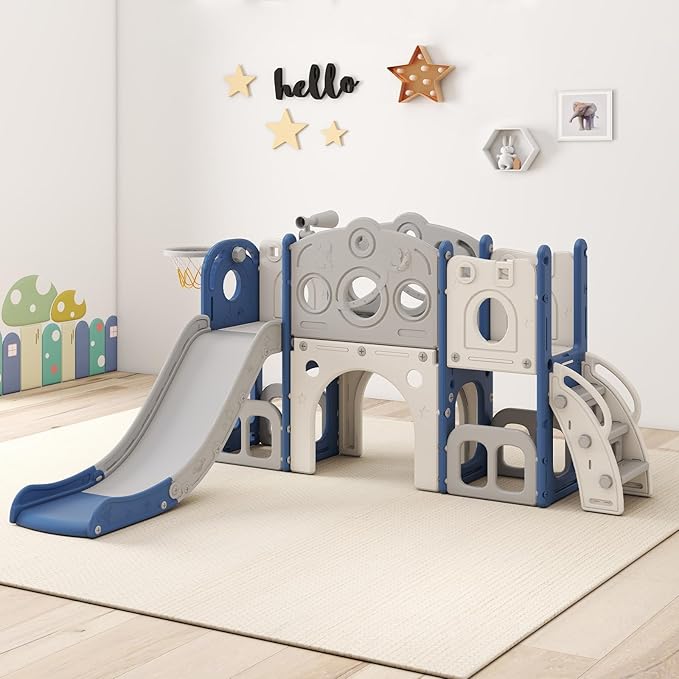 kinbor 8 in 1 Toddler Slide Set - Kids Slide with Basketball Hoop, Playset for Kids with Easy Climb Stairs & Storage, Toddler Indoor Outdoor Playground, Blue