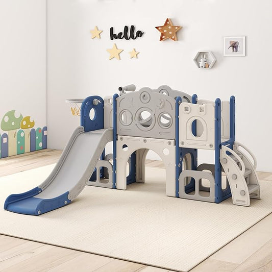 kinbor 8 in 1 Toddler Slide Set - Kids Slide with Basketball Hoop, Playset for Kids with Easy Climb Stairs & Storage, Toddler Indoor Outdoor Playground, Blue