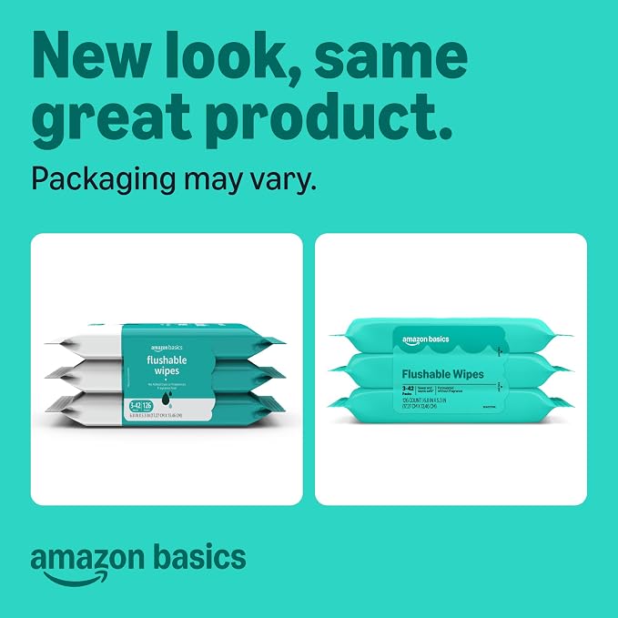 Amazon Basics Flushable Adult Toilet Wipes, Fragrance Free, 504 Count (12 Packs of 42), Packaging May Vary