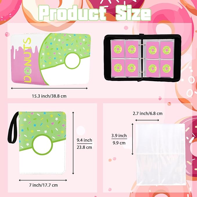 4 Pocket Card Binder 400 Card Holder Album, Pink Donut Trading Cards Holder Zipper Binder for Girl Teen Collection (Green Donut, 400 Pocket)