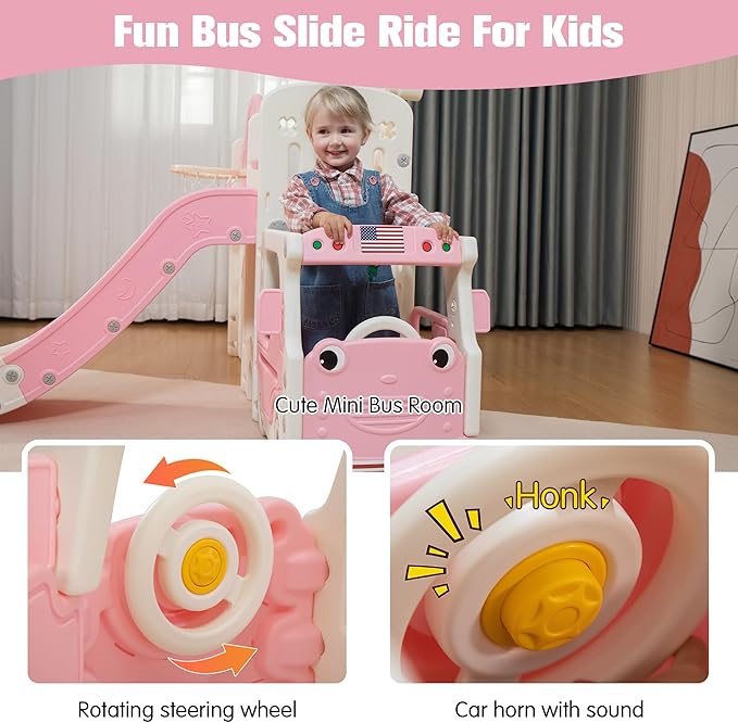 NYEEKOY 9 in 1 Toddler Slide, Bus-Themed Kids Slide and Climber Playset with Basketball Hoop, Ring-Toss, Car Playhouse, Toy Telescope, Freestanding Indoor and Outdoor Playground for Baby Age 3+