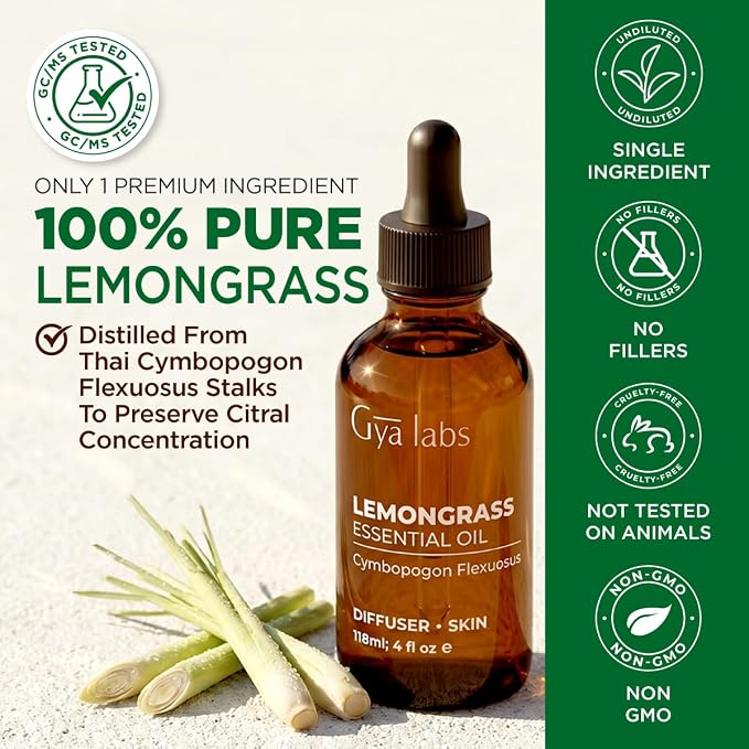 100% Pure Lemongrass Essential Oil - 4 Fl Oz - Lemongrass Oil for Hair, Skin, Diffuser, Aromatherapy & DIY Candle Making Scent