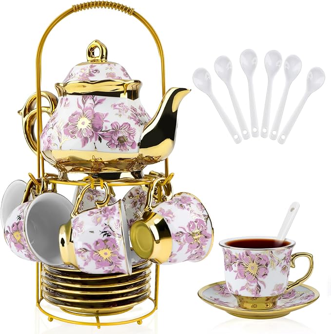 20 Pcs Porcelain Tea Set with Metal Holder, 700ml/23oz European Ceramic Tea Set for Adults, Adult Tea Set Gift, Flower Tea Cup Saucer Set for Party With Gold Flower Painting (Elegant Purple/700ml)