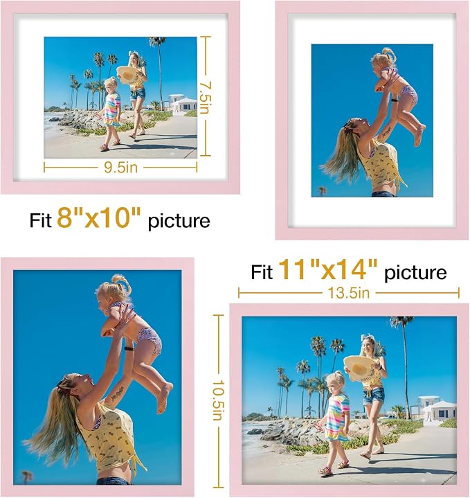 Vittanly 11x14 Picture Frames Set of 9 for Wall Mounting, Pink | Display Pictures 8x10 with Mat or 11x14 without Mat, Engineered Wood with Shatter Resistant Plexiglass, Gallery Photo Frames