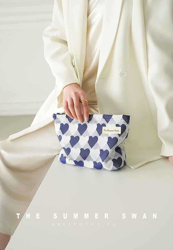 Summer Swan | Large Floral Mid-day Clutch | Period Kit & Hygiene Bag | Skincare Bag (Valentine Hearts Blue)