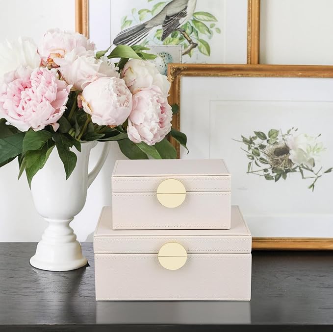 HofferRuffer Faux Leather Jewelry Boxes, Decorative Boxes Storage Accessory Organizer with Gold Hardware Decor, Classic Vegan Leather Set of 2 Pieces (CreamWhite)