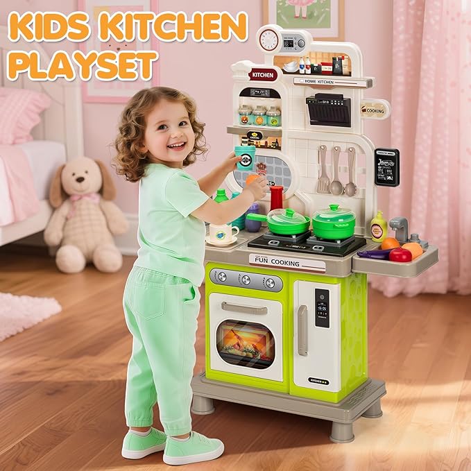 Kids Play Kitchen Set, Toddler Kitchen Playset with Light & Sound, Cooking Stove, Play Sink, Coffee Maker, Play Food Toy and Kitchen Accessories, Kitchen Toy for Kids Girls Boys - Green