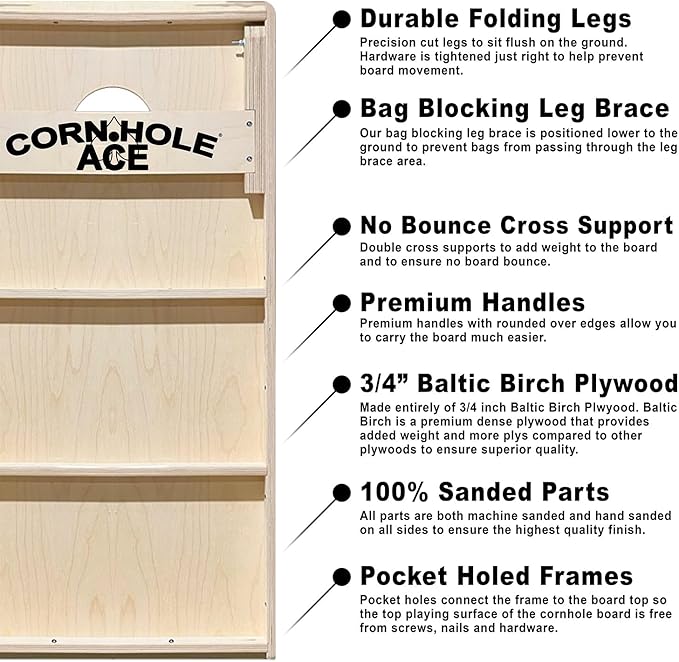CornholeAce ACE PRO Professional Cornhole Boards - No Bounce! Triple Wide Legs, 3/4" Baltic Birch Plywood, Handles, Regulation Size (4x2ft), Tournament Style, Made in USA