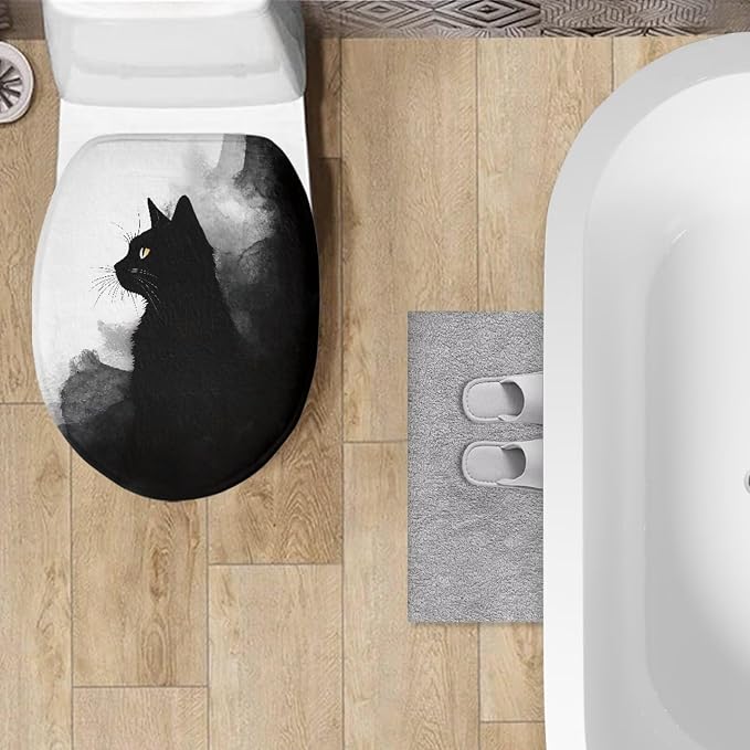 Black Cat Toilet Seat Cover for Bathroom Black Cat Print Toilet Seat Cushion Cover with Elastic Bottom Universal Toilet Tank Cover Replacement Breathable Seat Covers