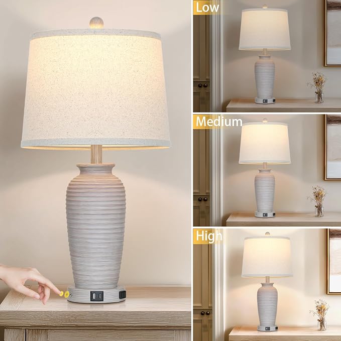 CINSARY 25" Vintage Farmhouse Jar Table Lamps, Single Rustic Bedside Lamp with USB A+C Ports & AC Outlet, Nightstand Lamps for Living Room, Bedroom, End Table, Grey White(LED Bulb Included)