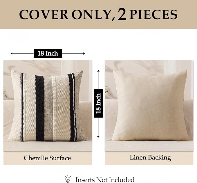 ANRODUO Boho Decorative Pillow Covers 20x20 Pack of 2 Black-White Stripe 2 | Throw Pillow Covers, Farmhouse Cushion Case, Chenille Pillow Cases, Pillow Covers, Neutral Pillowcase for Sofa Couch Bed