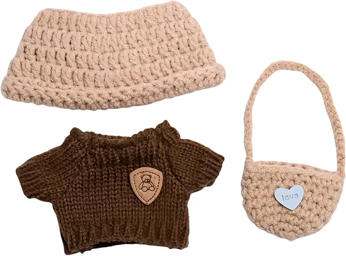 17cm Doll Clothes Set (Doll Not Included) -3-Piece-Handmade -Hat Clothes BackpackCrochet Outfit, ChicStylish Adorable Dolls Clothes Accessories [Brown]