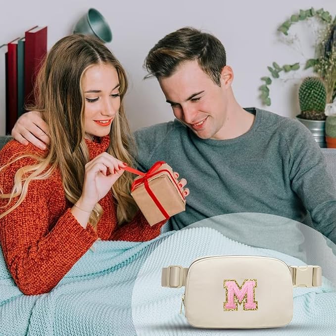 Gitus Belt Bag Fanny Pack Crossbody Bags with Initial Letter Patch Cute Stuff Birthday Gifts for Teenager Girls Trendy Preppy Stuff for Teen Girls(Beige-M)