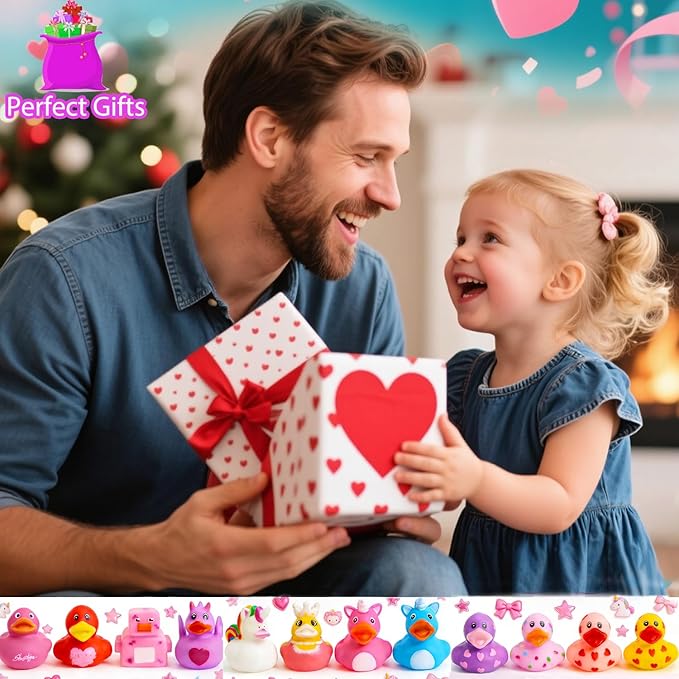 Rubber Ducks Toy Duckies for Girls,12Pack Ducking Pink Rubber Duck in Bulk, Ducks for Unicorn Ducks Baby Bath Toys, Birthday Party Stocking Stuffers Classroom Gift (Valentine's Ducks)
