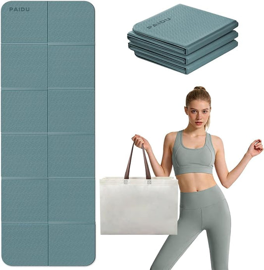 PAIDU Foldable Yoga Mat for Travel, 70"x24"x0.31" (8MM) TPE Double-Sided Non-Slip Pilates Mat with Carrying Bag for Yoga, Pilates, Fitness and Home/Outdoor Workouts