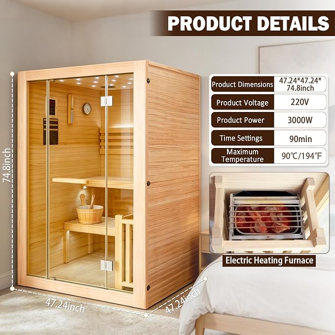 Steam Sauna, 2-4 Person Traditional Indoor Sauna with 3KW/240V Stove Heater | Chilean Pine Wood Sauna Room with Wooden Barrel and Spoon, Sauna Stone, Hygrometer, Cup Holder, LED Lighting, Speaker