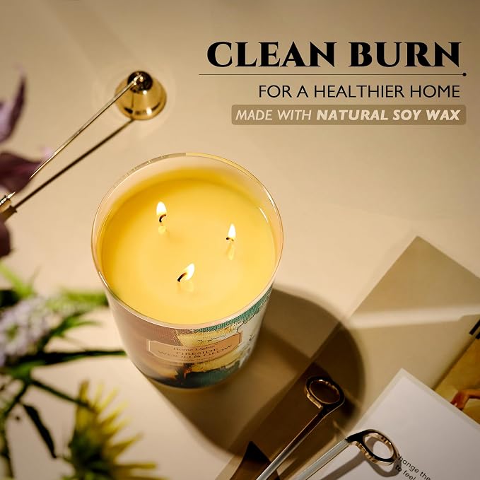 HomeLights 3-Wick Candles for Home Scented - 34oz Soy Wax Blend Candle Long-Lasting Fragrance, Industrial Chic Home Decor and Housewarming Gifts, Fireside Wood & Glow