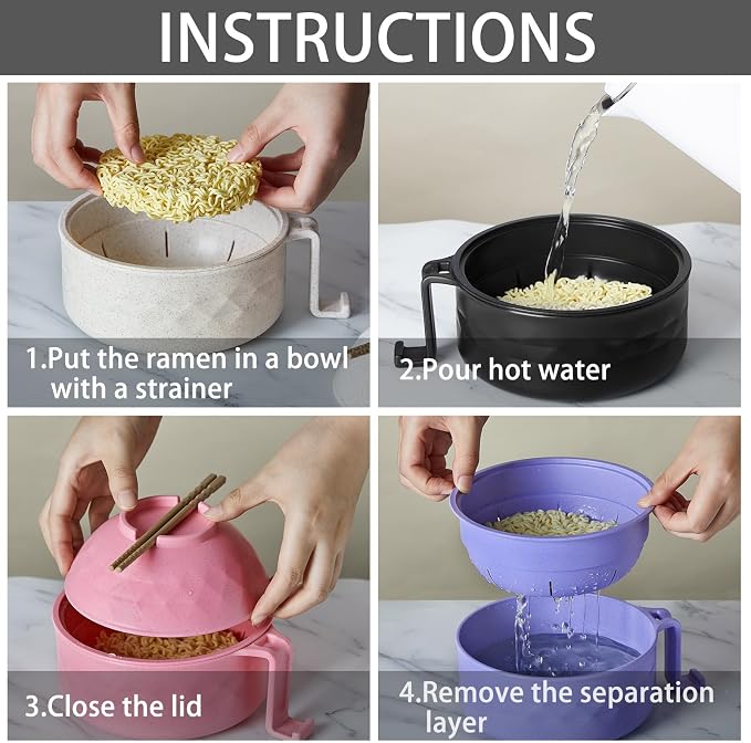 8 Sets Microwave Ramen Bowl Bulk 40 oz Wheat Straw Instant Ramen Cooker Set Portable Noodle Cooker with Handle Spoon Chopsticks Fork for College Dorm Room Gift (Multicolor)