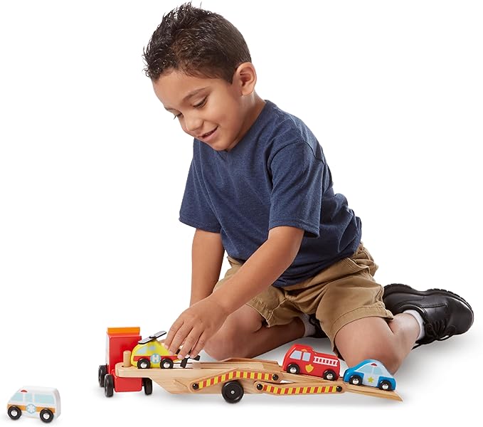 Melissa & Doug Emergency Vehicle Carrier Wooden Truck with 4 Rescue Vehicles