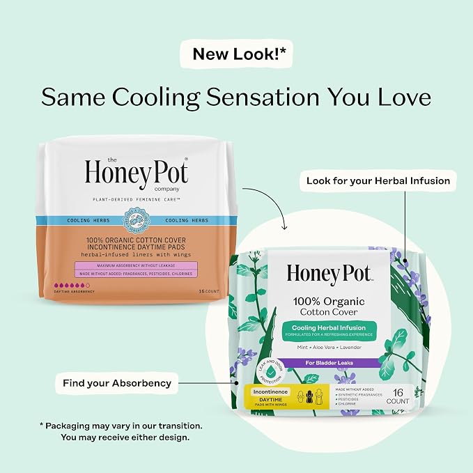 The Honey Pot Company - 64ct - Herbal Pads for Women - Organic Incontinence Daytime w/Wings. Infused w/Essential Oils for Cooling Effect & Postpartum Essentials - Feminine Care
