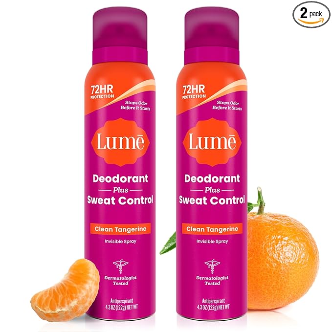 Lume Deodorant Plus Sweat Control - Invisible Spray - Extra Strength Antiperspirant For Underarms - 72 Hour Odor And Sweat Control - Baking Soda Free - 2 Pack (Clean Tangerine)