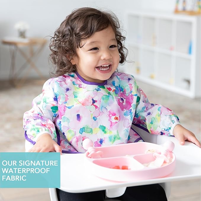Bumkins Sleeved Bib for Girl or Boy, Baby and Toddler for 6-24 Mos, Essential Must Have for Eating, Feeding, Baby Led Weaning, Long Sleeve Mess Saving Food Catcher, Soft Fabric, Watercolors Floral
