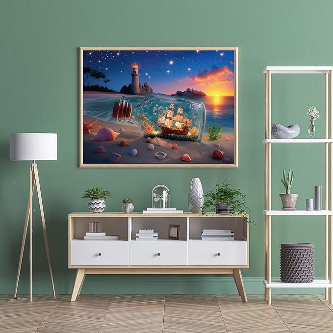 Puzzles for Adults 500 Pieces, Lighthouse Jigsaw Puzzles - Bottle of Stars, Impossible Beach Sailboat Puzzle for Seniors Families, 20.47x14.96 Inches, 1:1 Poster, Letter On The Back