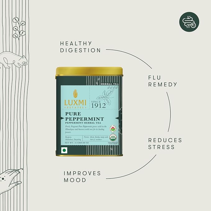 Luxmi Estates Pure Peppermint Tea | Loose Leaf in Resealable Tin, 25g (0.88oz, 12 Cups) | USDA Organic Single-Ingredient Whole Leaf Peppermint | Caffeine-Free Herbal Infusion, Vegan (25 gm)