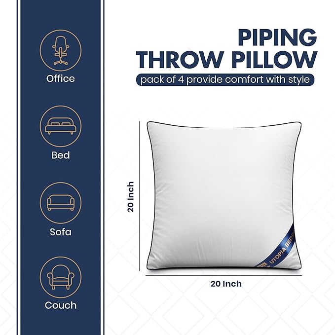 Utopia Bedding 20x20 Throw Pillow Inserts, Decorative Pillows, Pack of 4 | Piping Throw Pillows, Plush & Supportive, Aesthetic Cushion Sham Stuffer for Sofa, Office, Couch & Bed, Set of 4, White