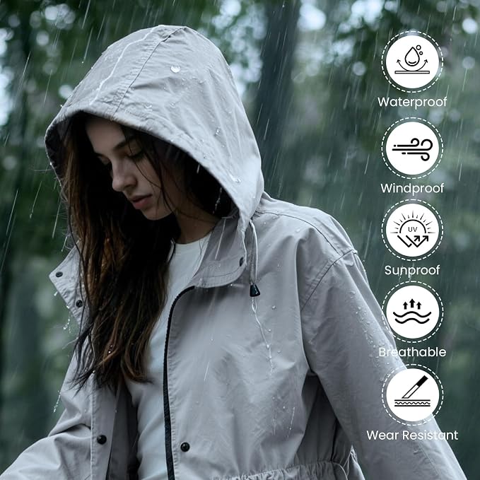 LAMA Womens Long Raincoats Rain Jacket Waterproof Packable Hooded Windbreaker Lightweight Adjustable Waist for Outdoor