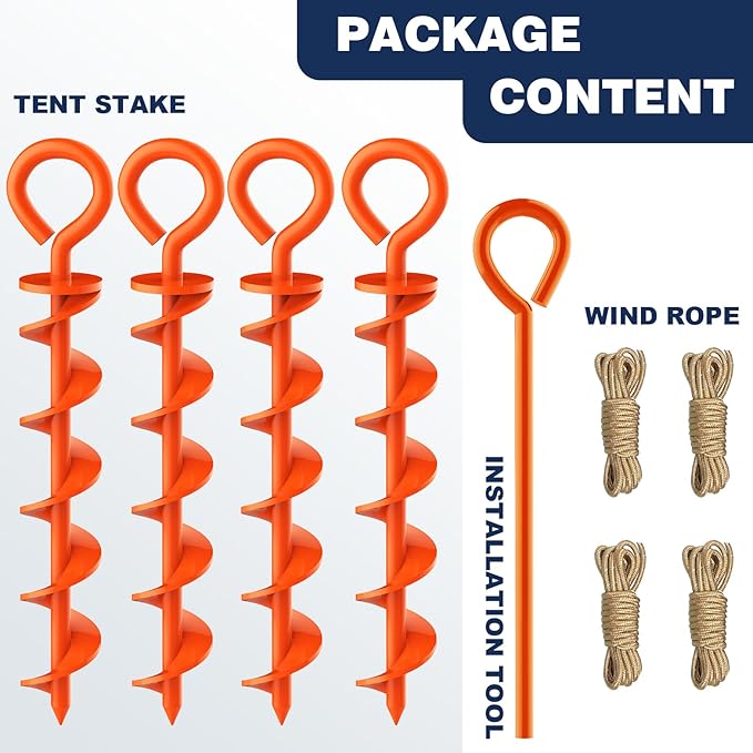 Eurmax USA 4 Pack Heavy Duty Ground Stakes,Industrial Grade Spiral Steel Screw-in Anchors with 4 Bonus Tie-Down Ropes,High Wind Stabilizing Kit for Trampolines,Dog Tie-Out,Canopy Tents,Sheds,Orange