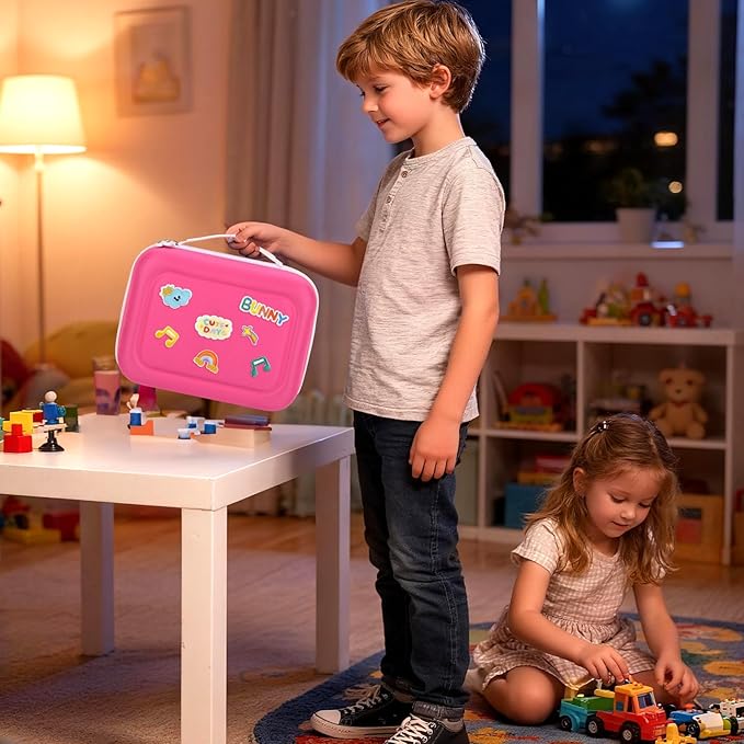 Case Compatible with Little Tikes Story Dream Machine Starter Set, Toys Storage Bag with 5 DIY Embroidery Patches, Organizer for Projector Storytime Books and Audio Character- Pink Letters (Box Only)