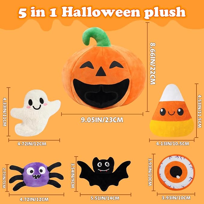 My First Halloween Baby Toys, Cuet Pumpkin Stuffed Animal Decor with Ghost Spider Bat Candy Corn Plush Toys and Small Mirror, Halloween Plush Gifts Basket Party Favors for Kids Babies Toddlers