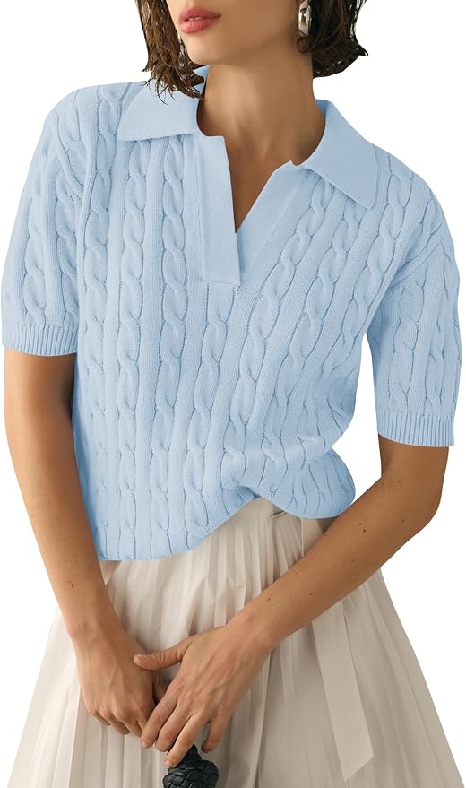 Micoson Womens Short Sleeve Sweater Tops Lapel V Neck Polo Shirts 2026 | Summer Cable Knit Loose Blouses, Business Casual Outfits