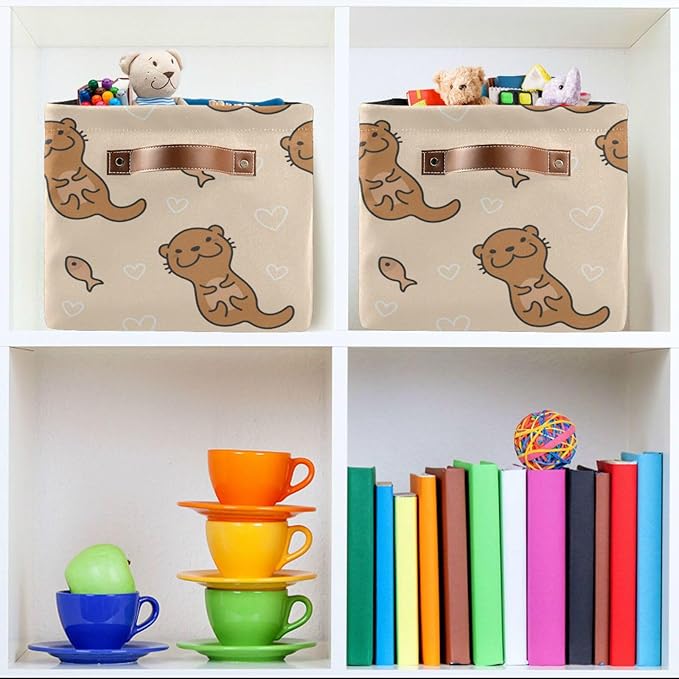 Aslsiy Storage Basket Cute Otter and Fish Nursery Bins Baby Box Canvas Clothes Shelf Basket Laundry Hamper Gift Basket for Home Dorm Closet 1 Pcs
