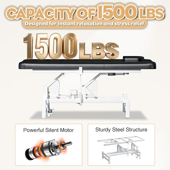 Fully Electric Massage Table with Lift, 1500lbs Capacity - Professional Adjustable Facial Bed for Estheticians, Spa & Waxing, Heavy-Duty 1500lbs Capacity 2r1