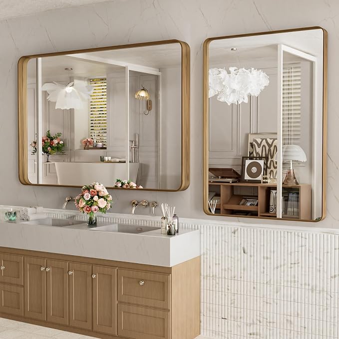 LOAAO 48X30 Inch Bathroom Mirror with Wood Grain Colored Metal Frame | Rounded Rectangle Metal Framed, Anti-Rust, Hangs Horizontally or Vertically, Tempered Glass