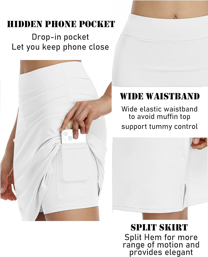 COOrun Women's 20" Knee Length Skirts High Waisted Golf Skorts with Pockets | Soft, Quick Dry, Split Hem, Built-in Shorts, A-line, Modest Skirts, for Golf Athletic Tennis Work Casual