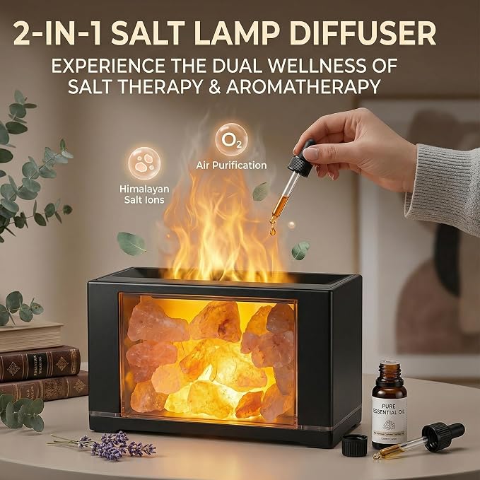 3 in 1 Ultrasonic Essential Oil Diffuser & Himalayan Salt Lamp, Flame Aromatherapy Diffuser Cool Mist Humidifier with 7 Color Lights, 100% Pure Pink Salt Rock, Auto-Off & Timer, 100ML (Black)