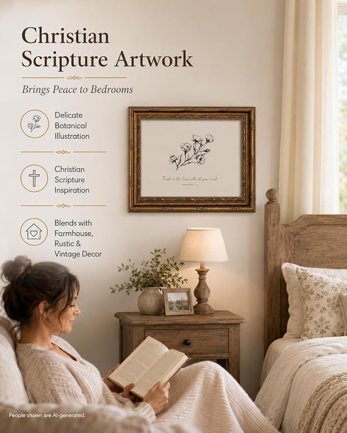Vintage Gold Framed Floral Wall Art, Christian Bible Verse, 12 x 16 in | Sketch floral scripture canvas for living rooms, bedrooms, hallways, prayer spaces, churches, or meaningful Christian gifts.