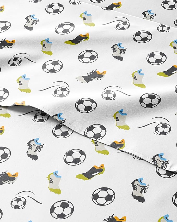 Kids Full Size Bed Sheet Set - 4 Piece Kids Loft Bed Sheets - Soccer Sport Theme bedding - Soft, Cute and Cozy - Breathable and Machine Washable - Football Bed Set for Boys, Girls, Teens & Toddlers