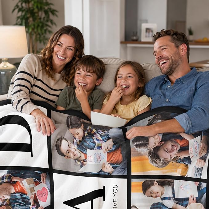 Fathers Day Birthday Gift for Dad Custom Blanket with 6 Photo & Text, Personalized Blankets with Picture to My Dad, HD Printing Customized Flannel Throw Blanket Gifts for Best Daddy Grandpa Ever