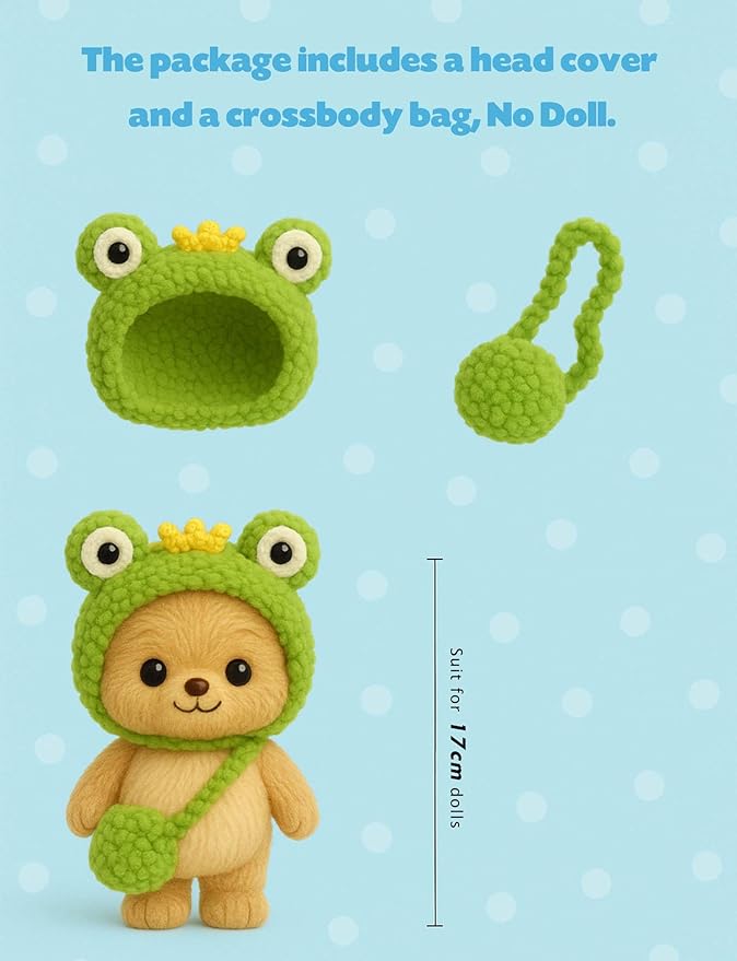 17cm Doll Clothes Outfit (No Doll), Stylish Cute Plush Doll Clothes with Designer Accessories, Clothes for 17cm Dolls, Green Frog Style